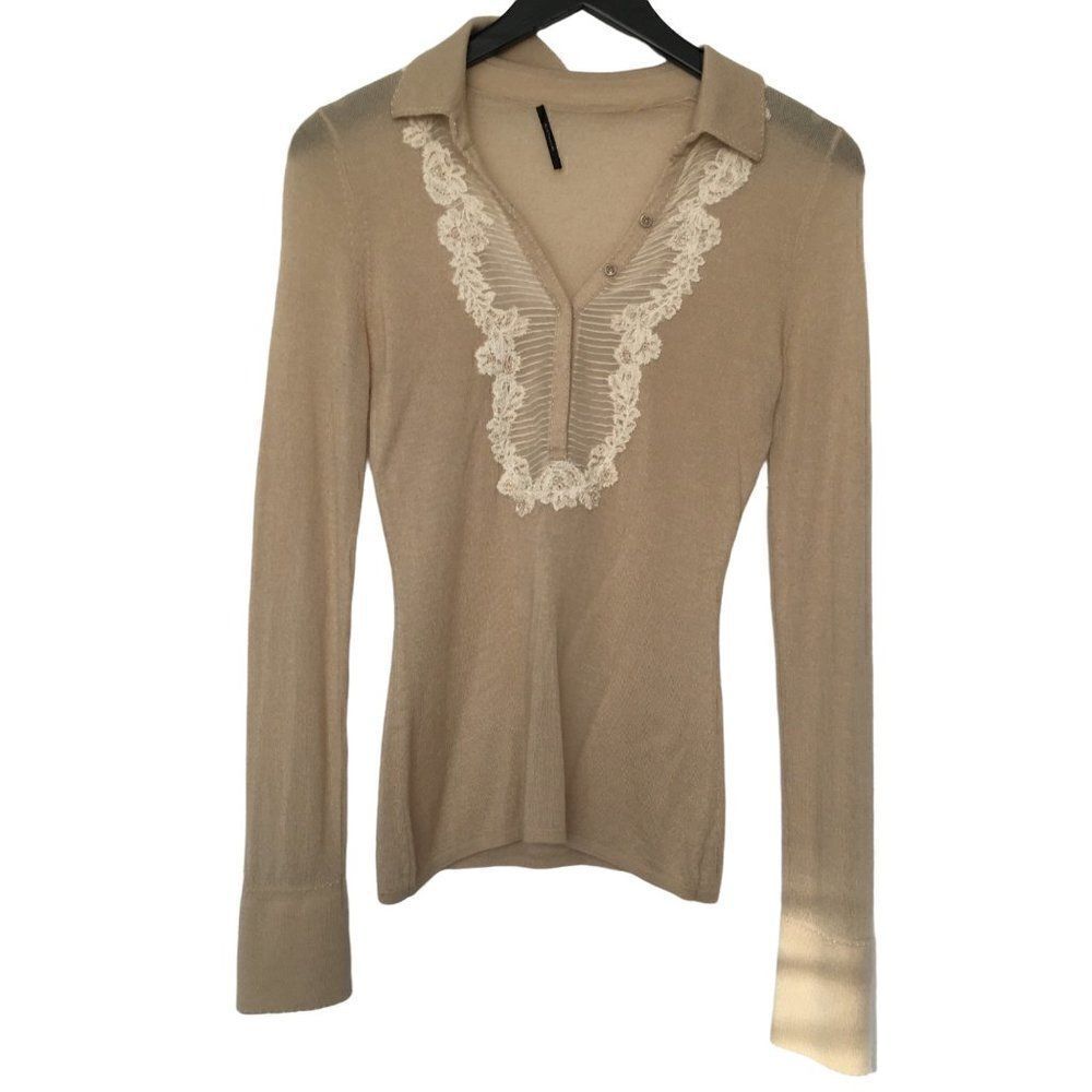Elie Tahari V-neck Beige Long Sleeve Sweater